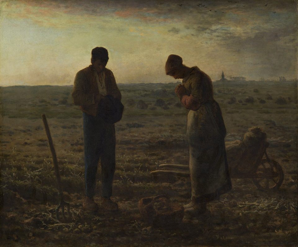 The Angelus, by Millet: a farmer and his wife stand in a field at dusk, heads bowed in prayer.