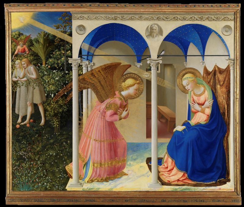 The Annunciation, by Fra Angelico: the angel Gabriel bows before the Virgin Mary under a blue loggia.