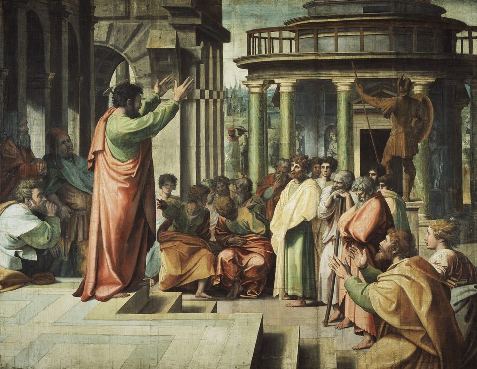 St. Paul Preaching in Athens, by Raphael: Paul, arms raised, speaks to a crowd before a temple.