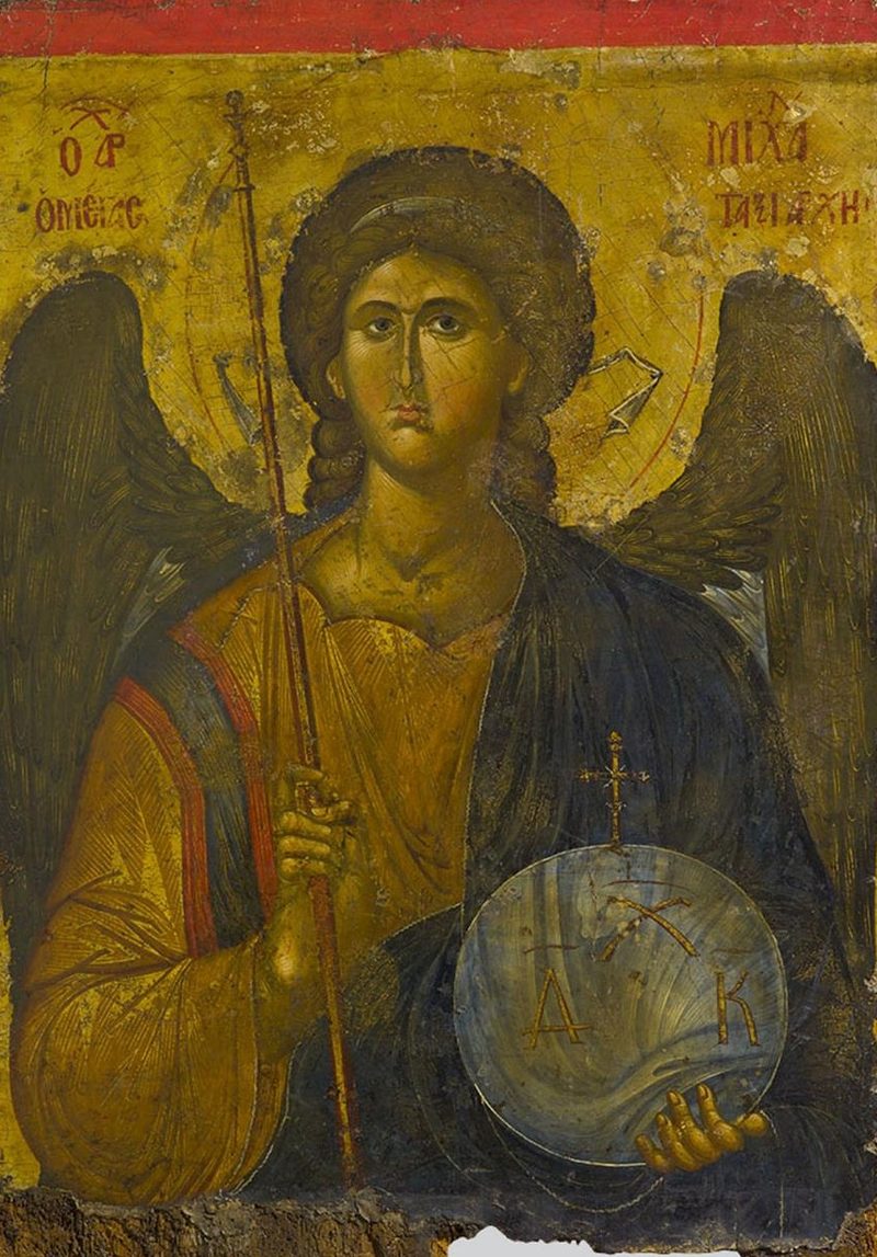 The Archangel Michael, Byzantine icon: the angel stands calmly with a staff and a crystal orb.