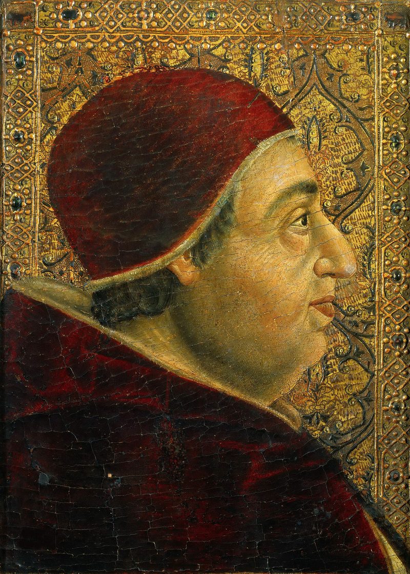 A Renaissance portrait of Pope Alexander VI in profile, wearing a red cap.