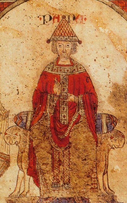Medieval painting of Pope St. Gregory VII enthroned in a red robe and pointed miter.