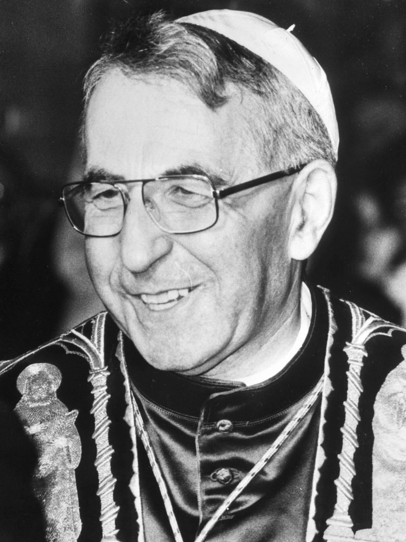 A black and white photograph of Pope John Paul I smiling, 1978.