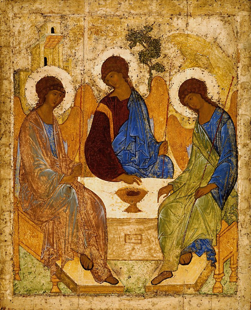The Trinity, icon by Andrei Rublev: three angels sit in peace around a table with a chalice.