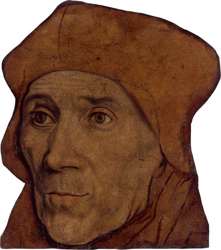 Drawing after Holbein of St. John Fisher, an elderly, thin-faced man in a dark hood.
