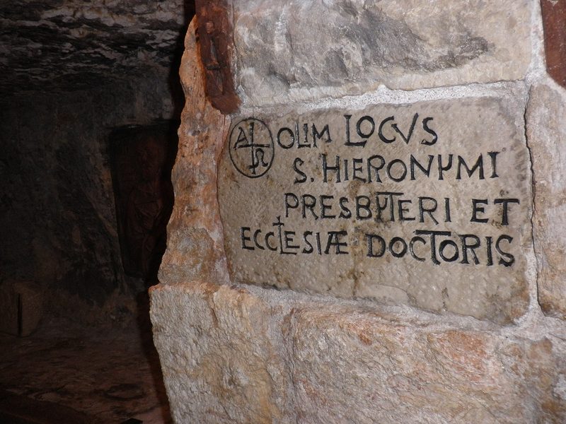 An old Latin inscription cut into the rock at the grave of St. Jerome, beneath the Church of the Nativity in Bethlehem.
