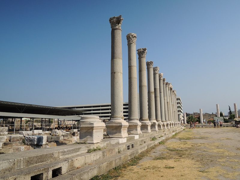 The ruins of the ancient agora of Smyrna in Izmir, Turkey: a row of standing columns and arches.