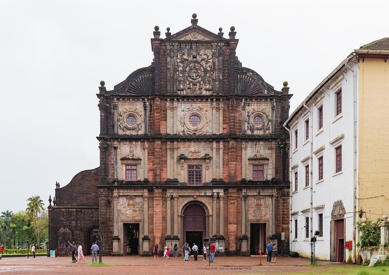 The red laterite façade of the Basilica of Bom Jesus in Old Goa, India.