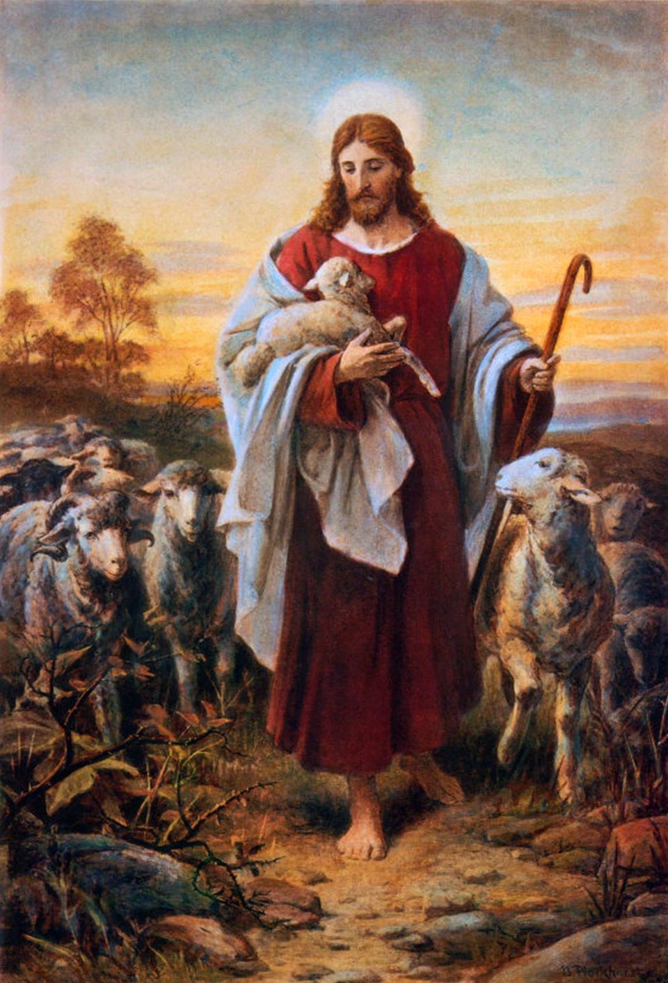 The Good Shepherd, by Bernhard Plockhorst: Christ carries a lamb, His flock around Him at sunset.