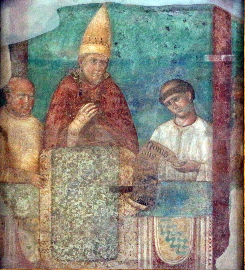 A fresco fragment attributed to Giotto: Pope Boniface VIII in a tall mitre proclaims the Jubilee from a balcony.