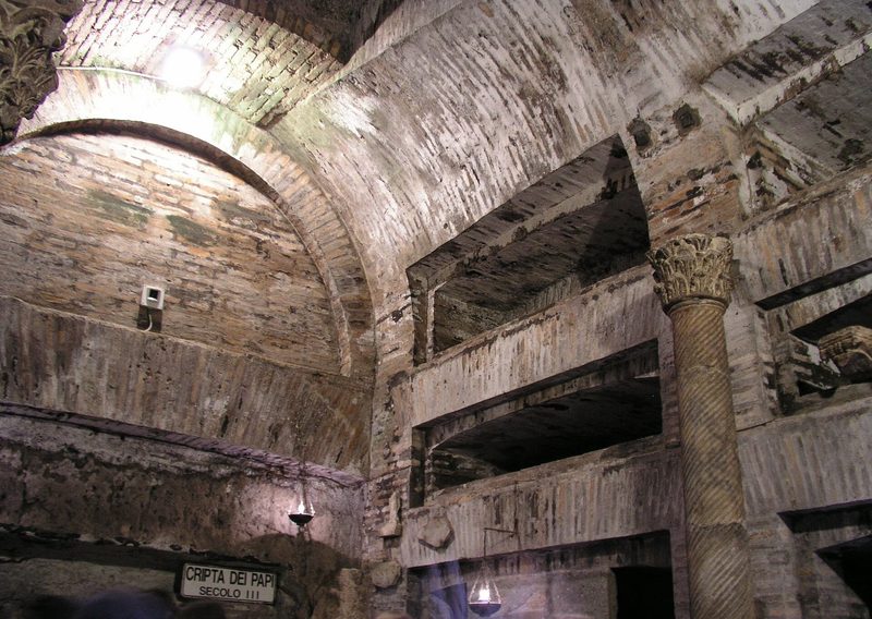 The Crypt of the Popes in the Catacomb of St. Callixtus, Rome: a vaulted chamber where third-century popes were buried.