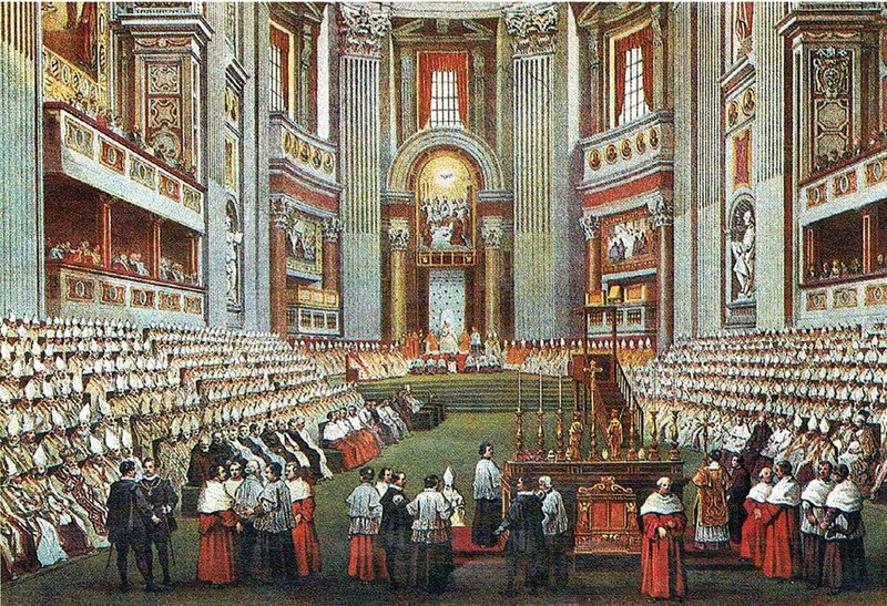 Painting of the First Vatican Council in session: rows of bishops in white miters filling St. Peter’s Basilica.