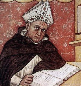 Painting of St. Albert the Great in a bishop’s miter and Dominican habit, writing in a book.
