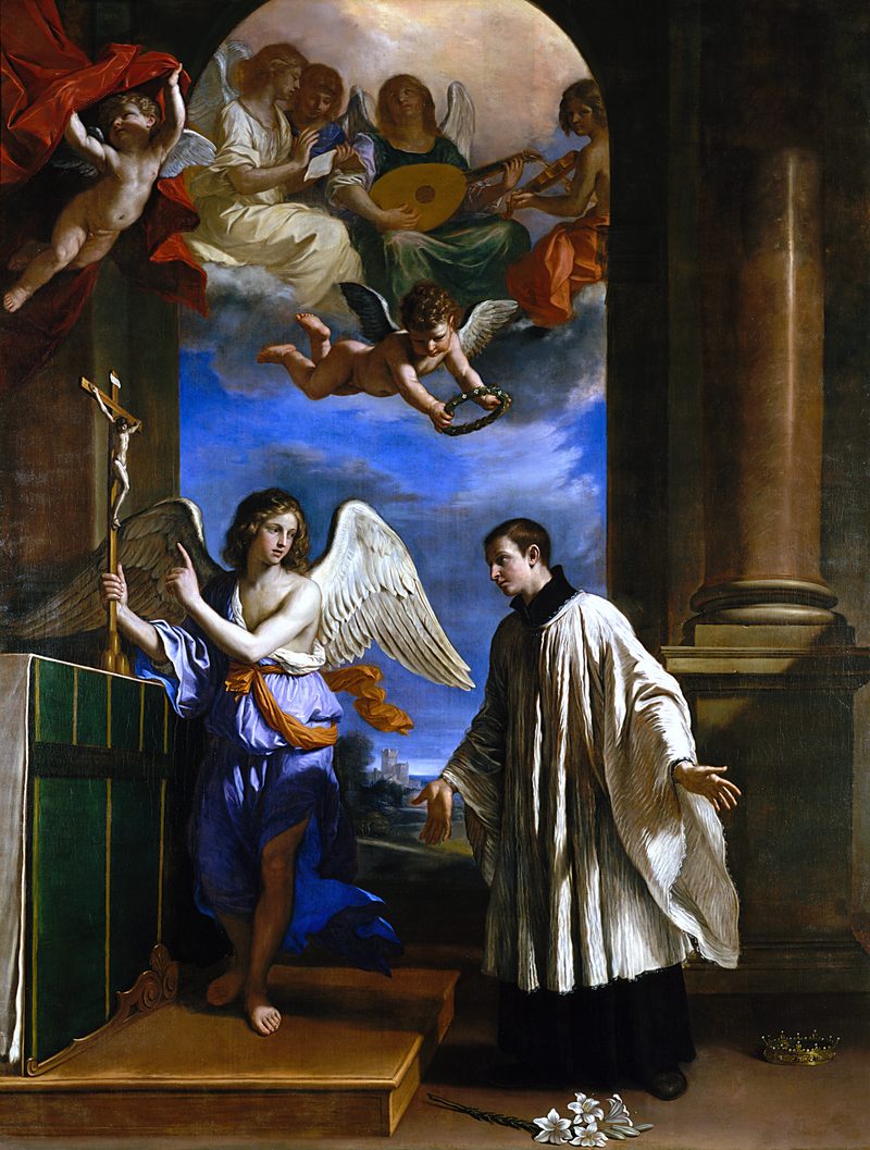 Painting of St. Aloysius Gonzaga in a white surplice, kneeling before an angel, with angels above.