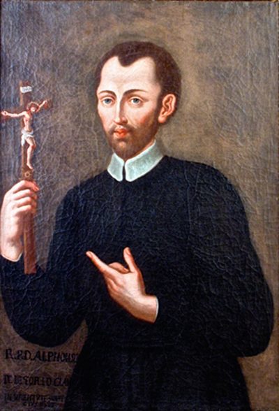 Painting of St. Alphonsus Liguori as a young priest in black, holding a crucifix.