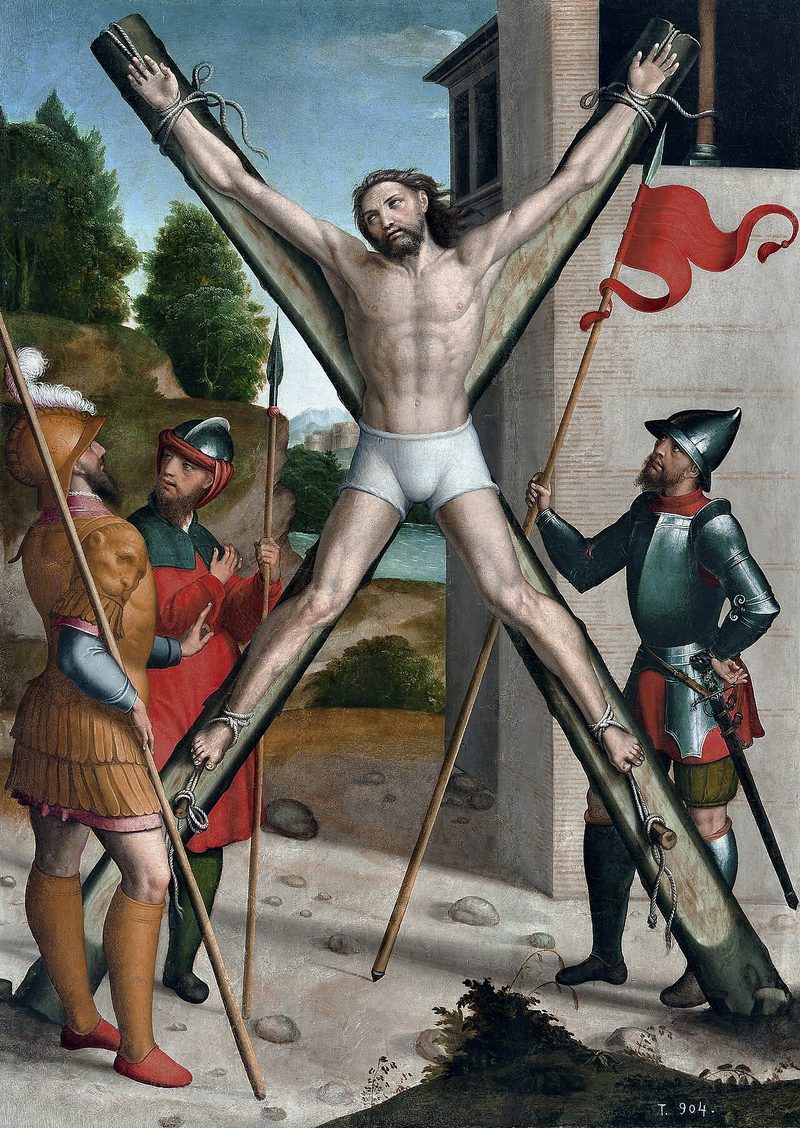 Painting of St. Andrew bound to an X-shaped cross, surrounded by soldiers.
