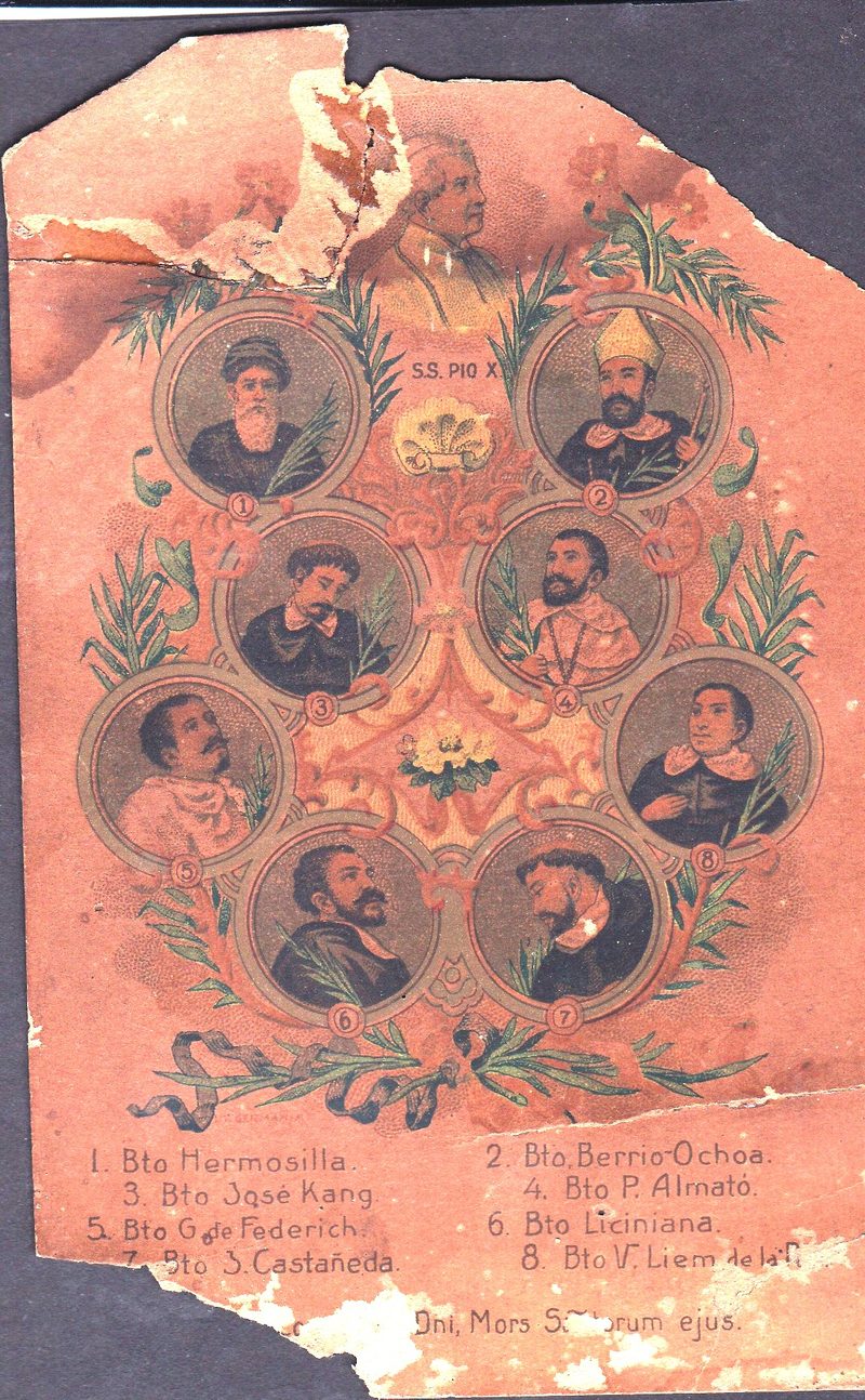 Old printed sheet with small round portraits of Vietnamese martyrs arranged around a central emblem.