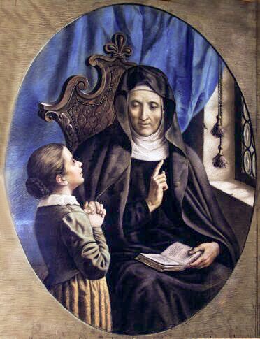 Painting of St. Angela Merici in a black habit, teaching a young girl.