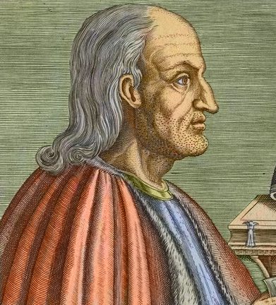 Engraved portrait of St. Anselm in profile, with long gray hair.