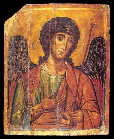 Icon of the Archangel Michael with wings and curly hair on a gold background.