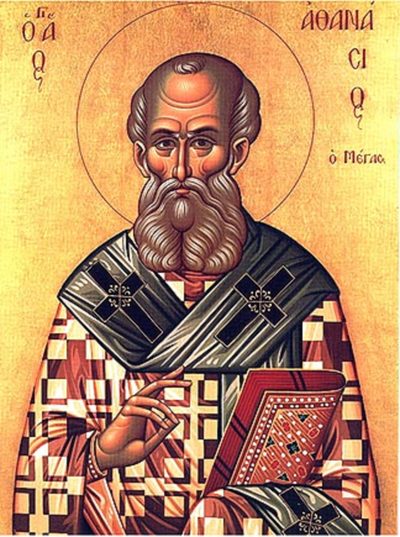 Icon of St. Athanasius, bald and white-bearded, in bishop’s vestments, holding a book.
