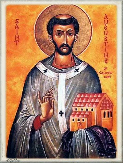 Icon of St. Augustine of Canterbury, blessing and holding a model of a church.