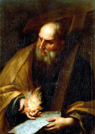 Painting of St. Barnabas, an old bearded man, reading a sheet of paper.