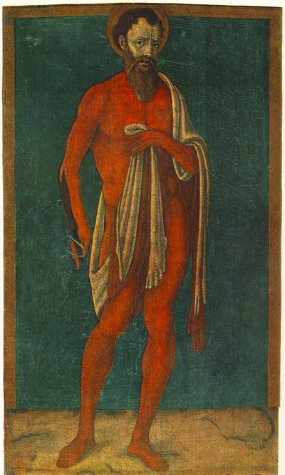 Medieval painting of St. Bartholomew standing, holding his own flayed skin over his arm.