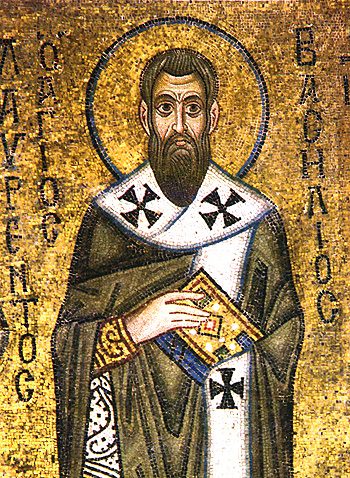 Mosaic of St. Basil the Great in bishop’s vestments on a gold background, holding a book.