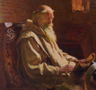 Painting of St. Bede, an old white-bearded monk, writing at a desk.