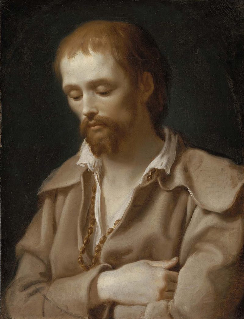 Painting of St. Benedict Joseph Labre in ragged clothes, arms folded and eyes lowered.