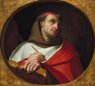 Painting of St. Bonaventure in a Franciscan hood and cardinal’s red, holding a pen.