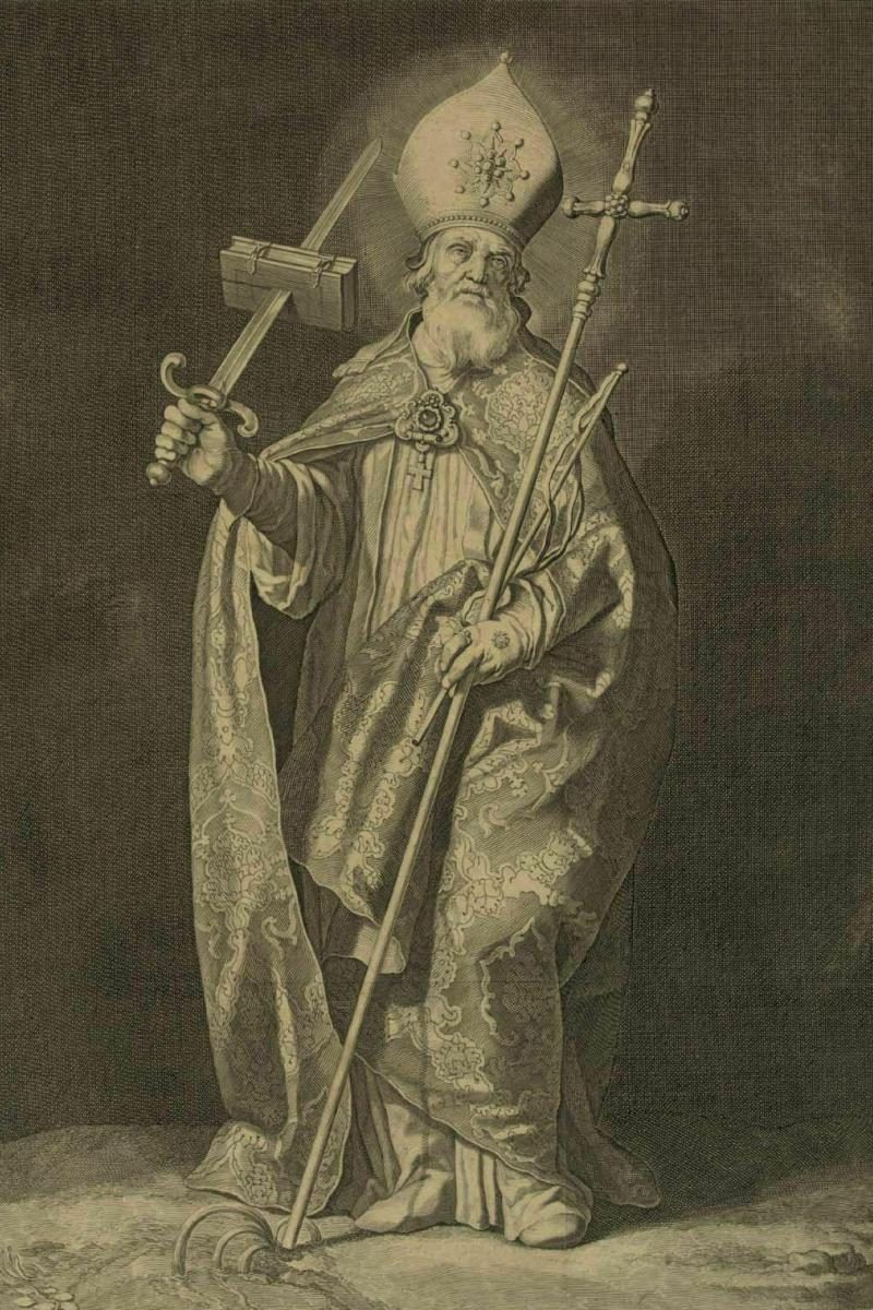 Engraving of St. Boniface as a bishop with a crosier and a book pierced by a sword.