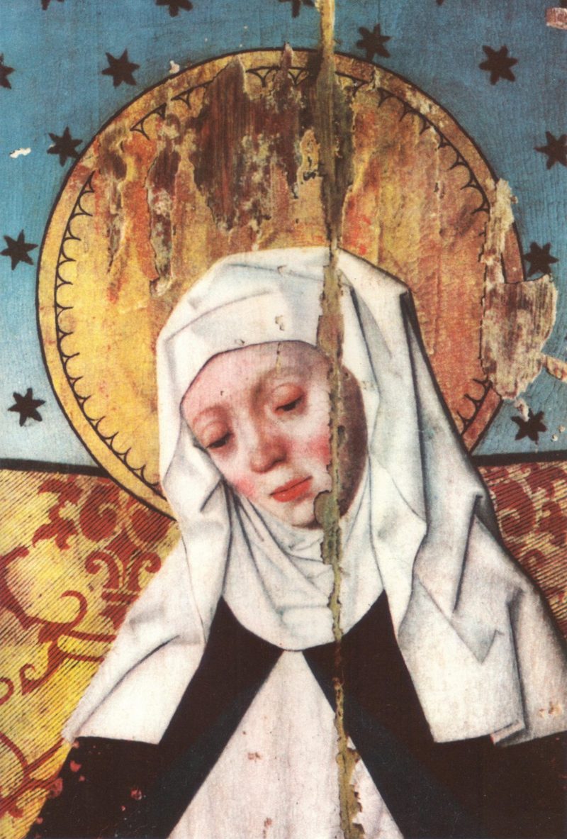 Damaged painting of St. Bridget of Sweden in a white veil and wimple.