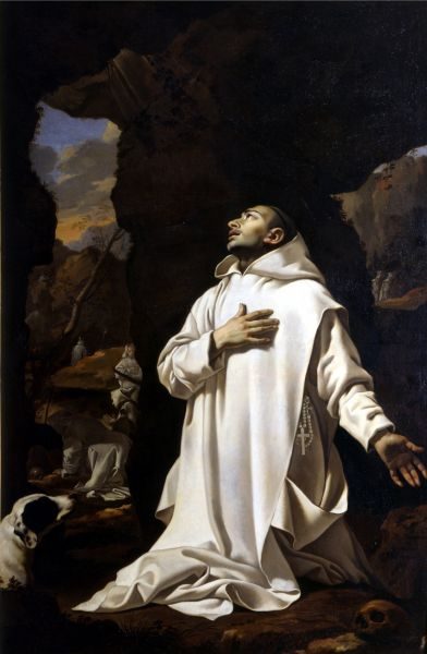Painting of St. Bruno in a white Carthusian habit, kneeling in a rocky wilderness and looking up.