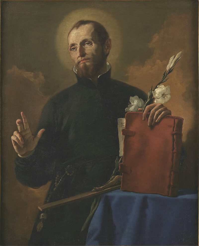 Painting of St. Cajetan in a black cassock, beside a book and lilies.
