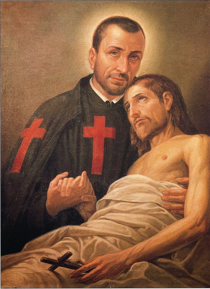 Painting of St. Camillus de Lellis, wearing a red cross on his habit, embracing Jesus taken down from the cross.