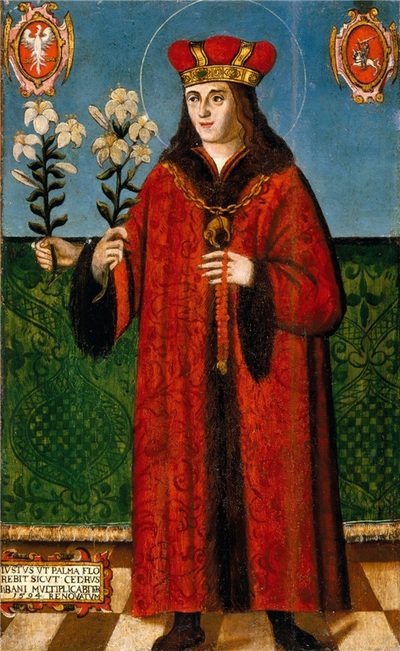 Painting of St. Casimir in a red robe and crown, holding lilies.