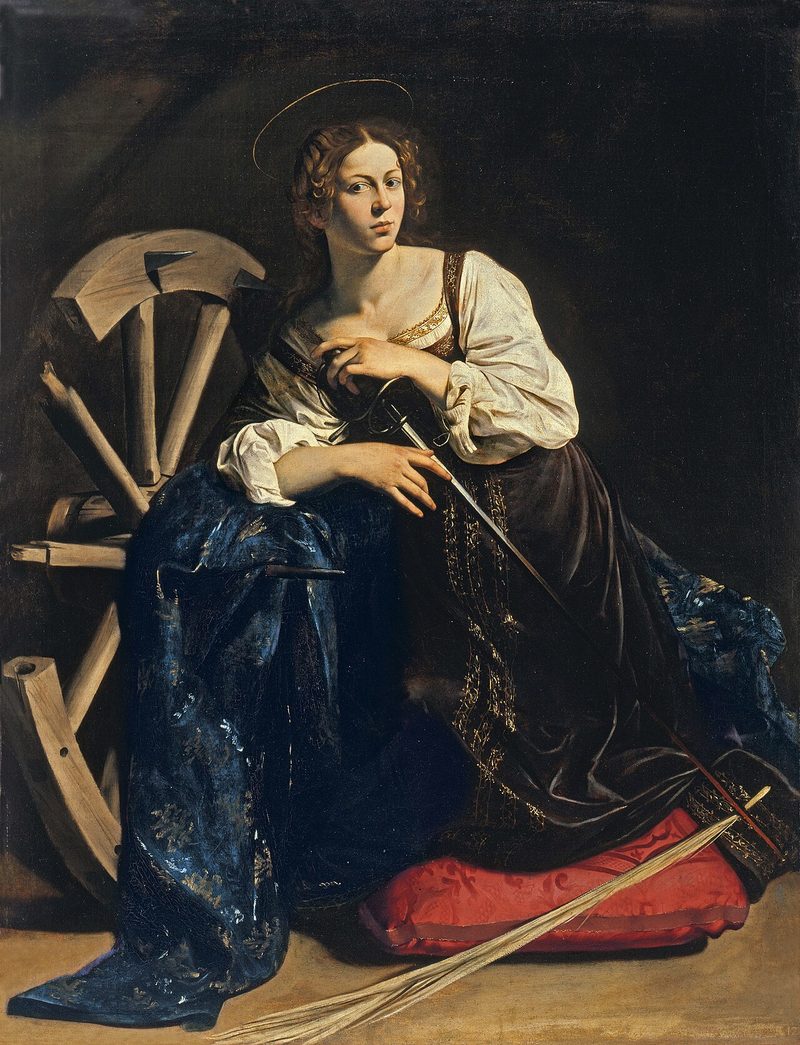 Painting of St. Catherine of Alexandria seated beside a broken wheel, holding a palm.