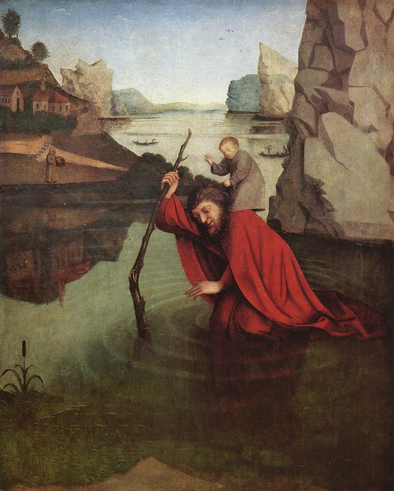 Painting of St. Christopher in a red cloak wading across a river with the Christ Child on his shoulders.