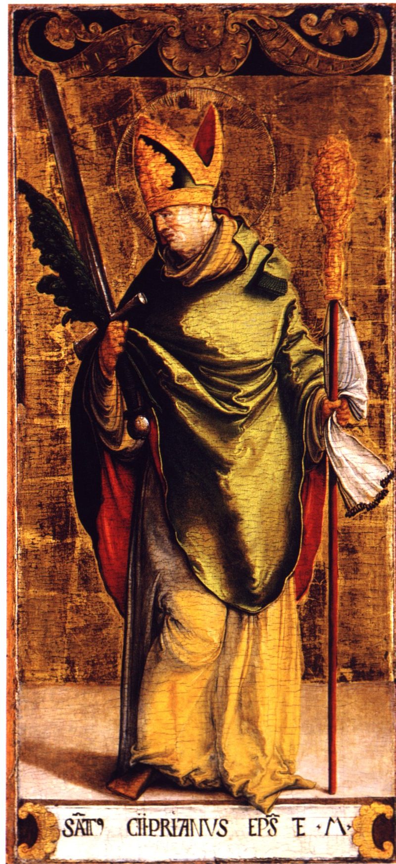 Painting of St. Cyprian as a bishop in a miter and green cope, holding a palm and a sword.