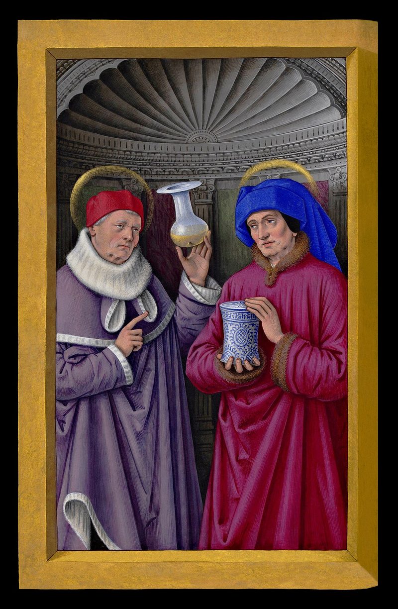 Painting of Sts. Cosmas and Damian, the doctor brothers, holding medicine jars.