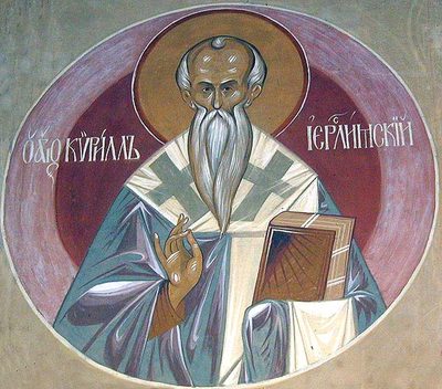 Fresco of St. Cyril of Jerusalem, white-bearded, blessing and holding a book.