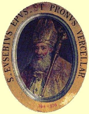 Oval painting of St. Eusebius of Vercelli as a bishop in a miter, with a Latin inscription around it.