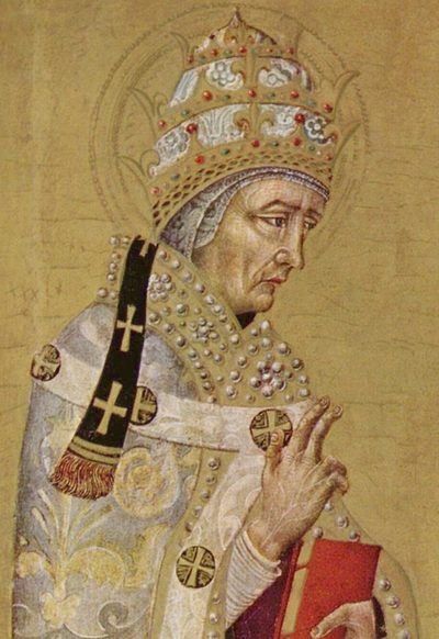 Painting of Pope St. Fabian, an old man in a papal tiara and vestments.
