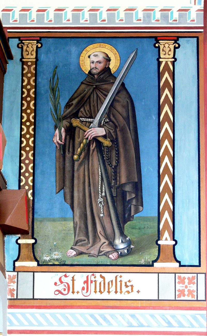 Wall painting of St. Fidelis of Sigmaringen in a Capuchin habit, holding a palm and a sword.