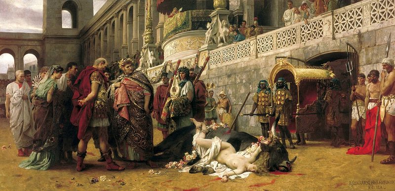 Painting of a crowd in an ancient Roman arena, with a martyr lying dead on the ground.