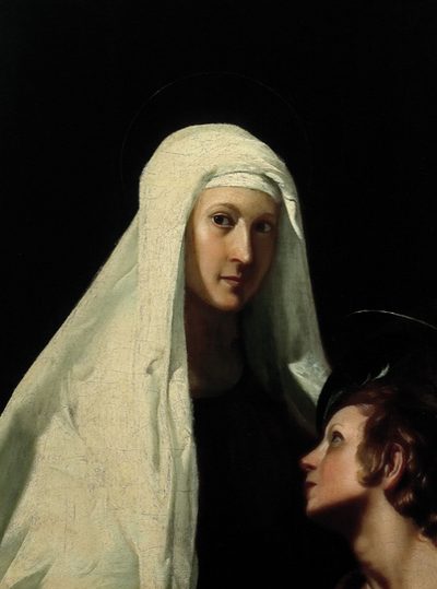 Painting of St. Frances of Rome in a white veil, an angel beside her.