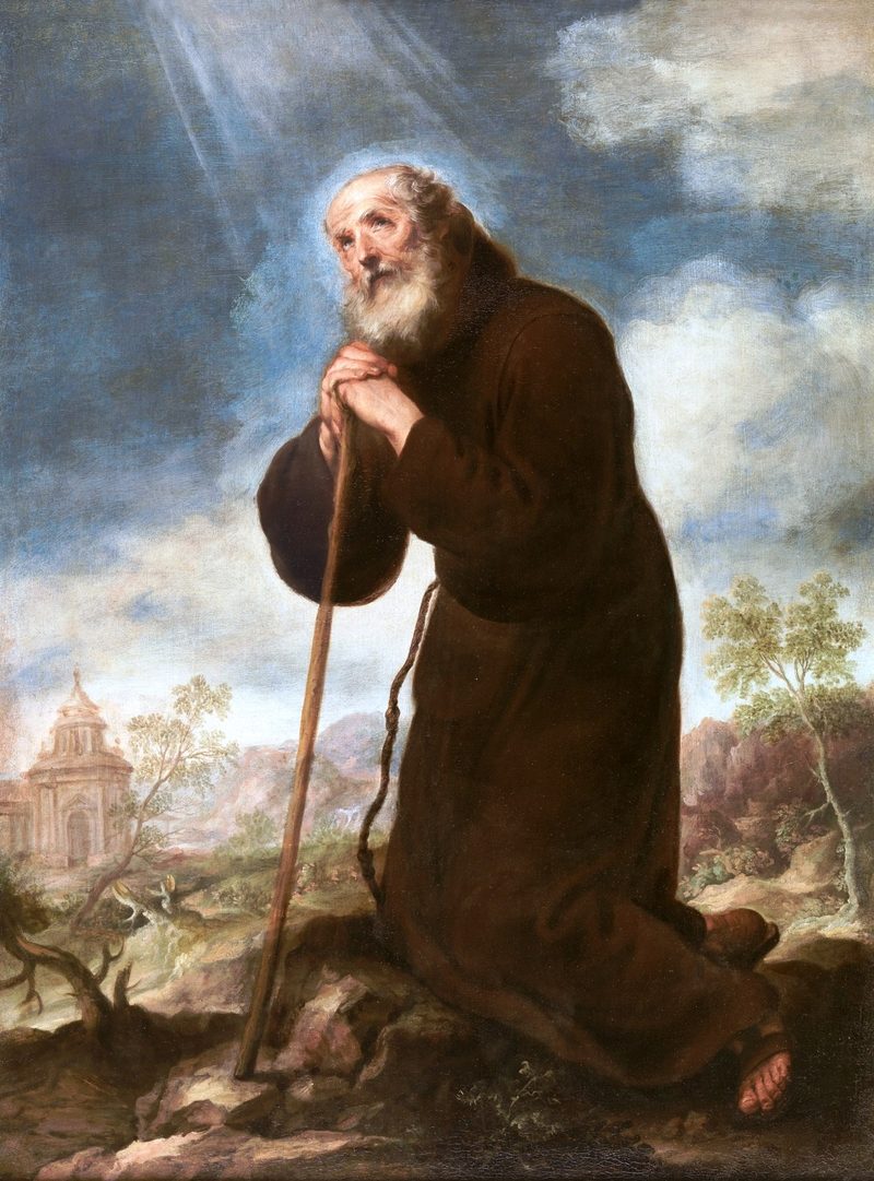 Painting by Murillo of St. Francis of Paola, an old hermit leaning on a staff, praying.