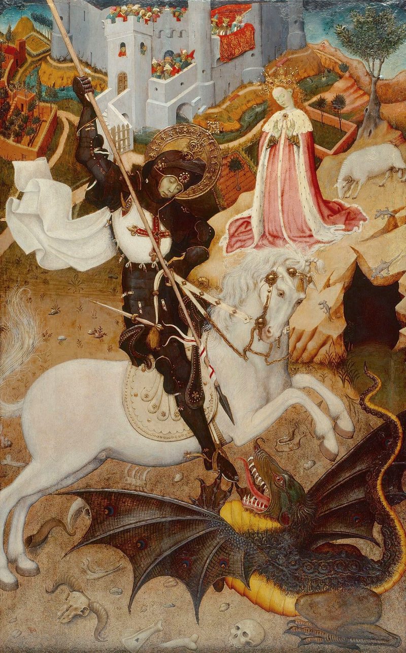 Medieval painting of St. George on a white horse spearing a dragon, a princess and a castle behind.